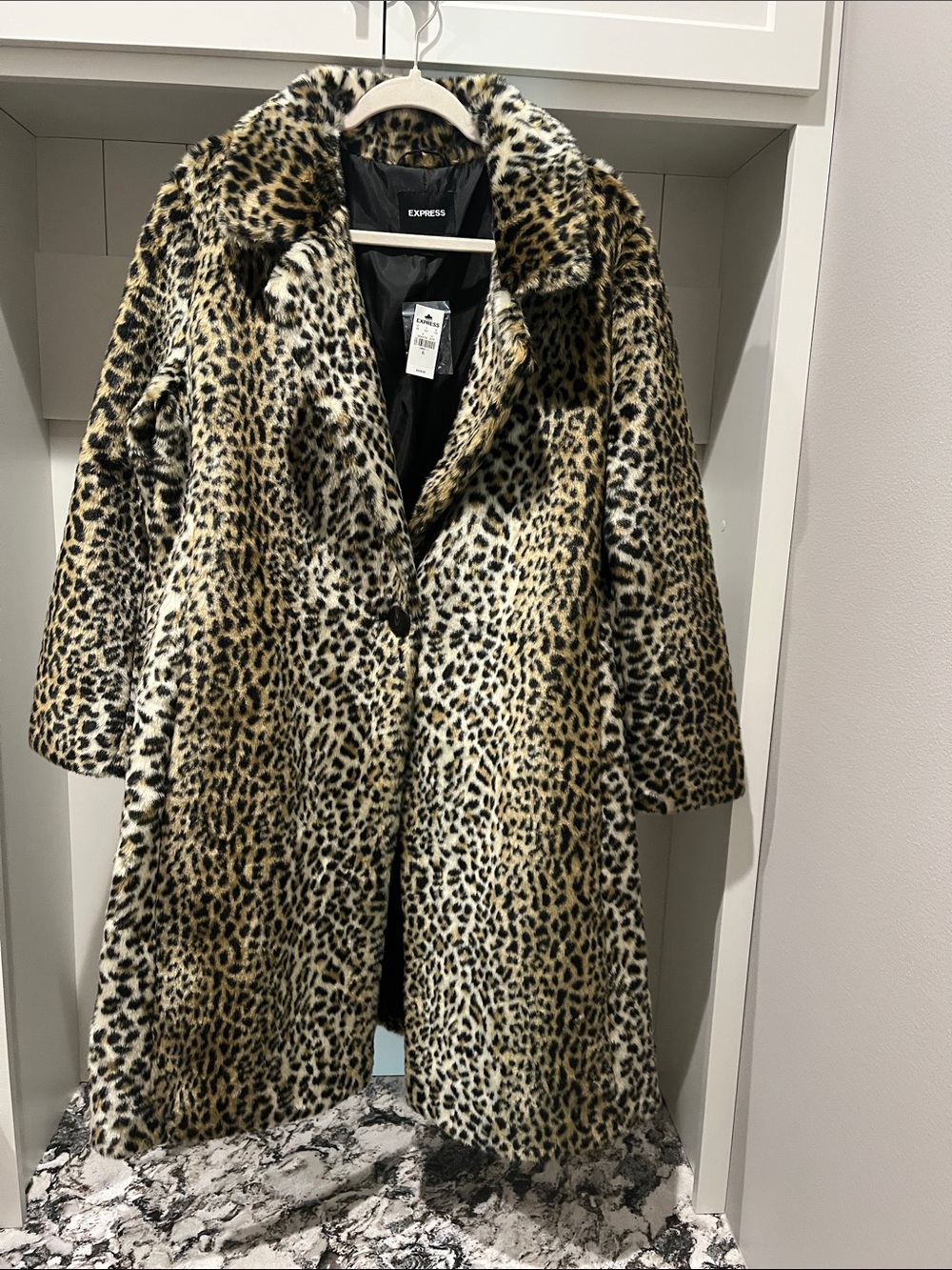 NEW Express Leopard Faux Fur Coat in Beige and Black